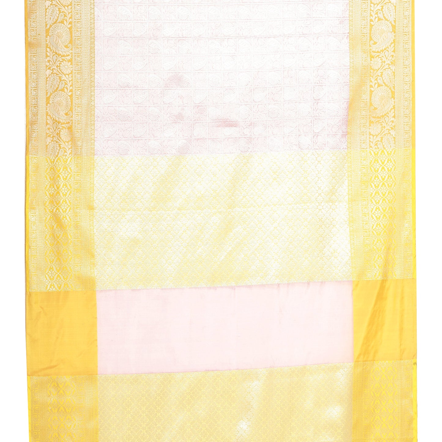 Faishana Presents Pink Silver Zari Kanchi Silk Tanchoi Brocade Contrast Gold Skirt Meena Border Banarasi Saree