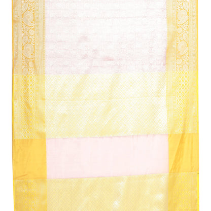 Faishana Presents Pink Silver Zari Kanchi Silk Tanchoi Brocade Contrast Gold Skirt Meena Border Banarasi Saree