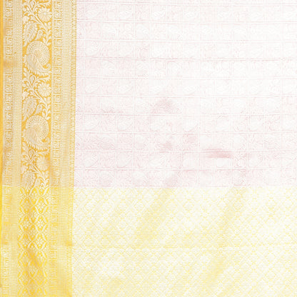 Faishana Presents Pink Silver Zari Kanchi Silk Tanchoi Brocade Contrast Gold Skirt Meena Border Banarasi Saree