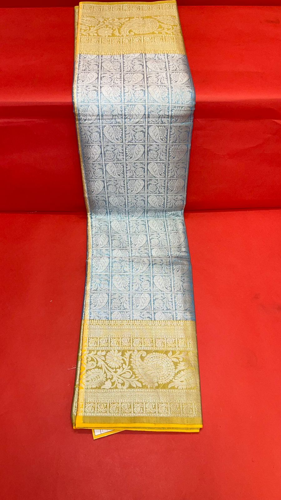 Faishana Presents Blue Silver Zari Kanchi Silk Tanchoi Brocade Contrast Gold Skirt Meena Border Banarasi Saree