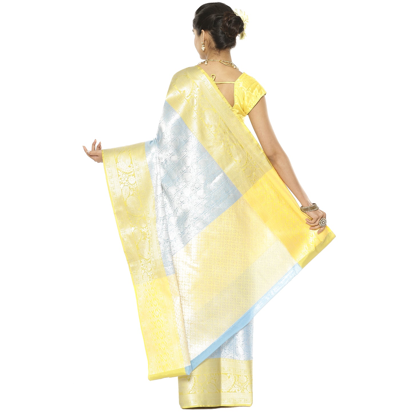 Faishana Presents Blue Silver Zari Kanchi Silk Tanchoi Brocade Contrast Gold Skirt Meena Border Banarasi Saree