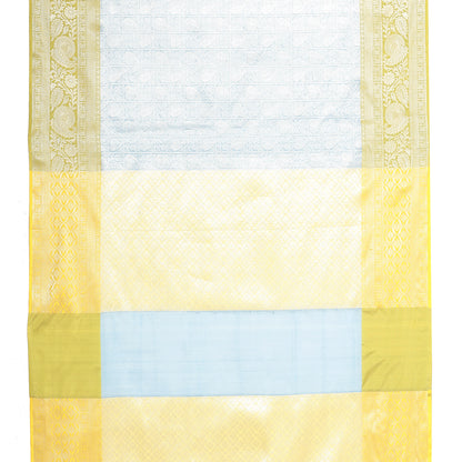 Faishana Presents Blue Silver Zari Kanchi Silk Tanchoi Brocade Contrast Gold Skirt Meena Border Banarasi Saree