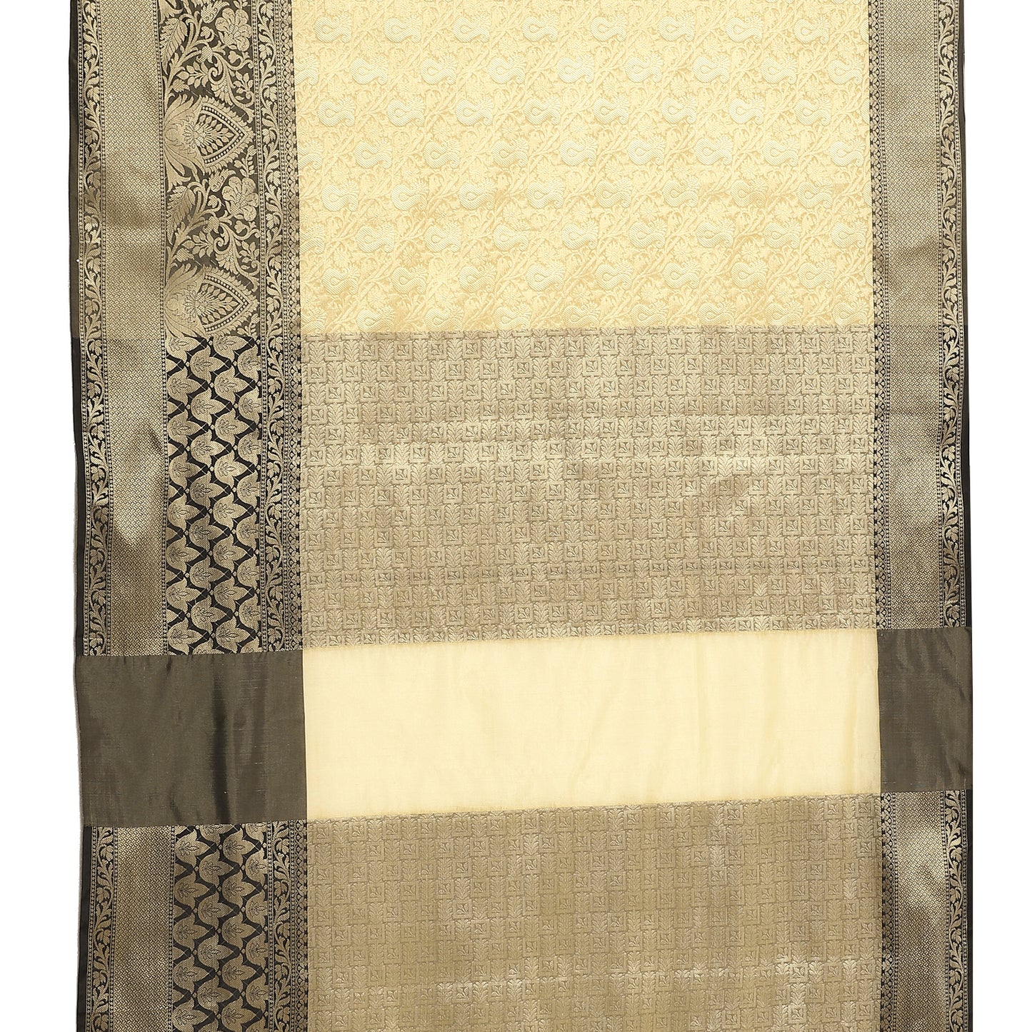Faishana Presents Beige Silver Zari Kanchi Silk Tanchoi Brocade Contrast Black Skirt Meena Border Banarasi Saree