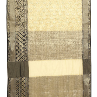Faishana Presents Beige Silver Zari Kanchi Silk Tanchoi Brocade Contrast Black Skirt Meena Border Banarasi Saree