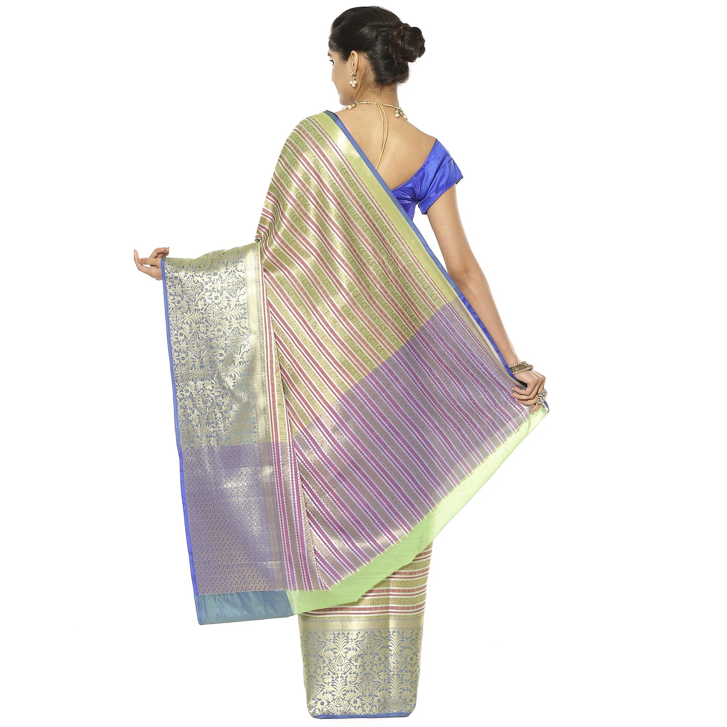 Faishana Presents Green Zari Strip Kanchi Silk Tanchoi Brocade Contrast Torqouise Blue Skirt Border Banarasi Saree