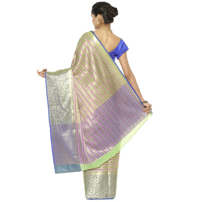 Faishana Presents Green Zari Strip Kanchi Silk Tanchoi Brocade Contrast Torqouise Blue Skirt Border Banarasi Saree