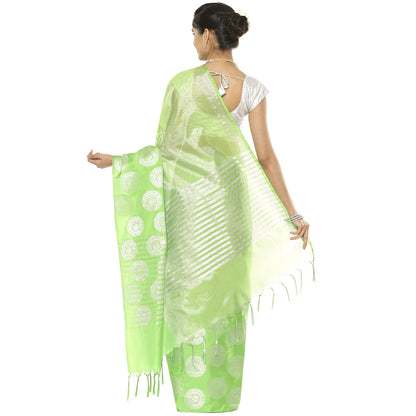 Faishana Presents Green Silver Zari Glass Tissue Tanchoi Contrast Large Border Banarasi Saree