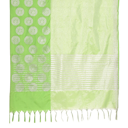 Faishana Presents Green Silver Zari Glass Tissue Tanchoi Contrast Large Border Banarasi Saree