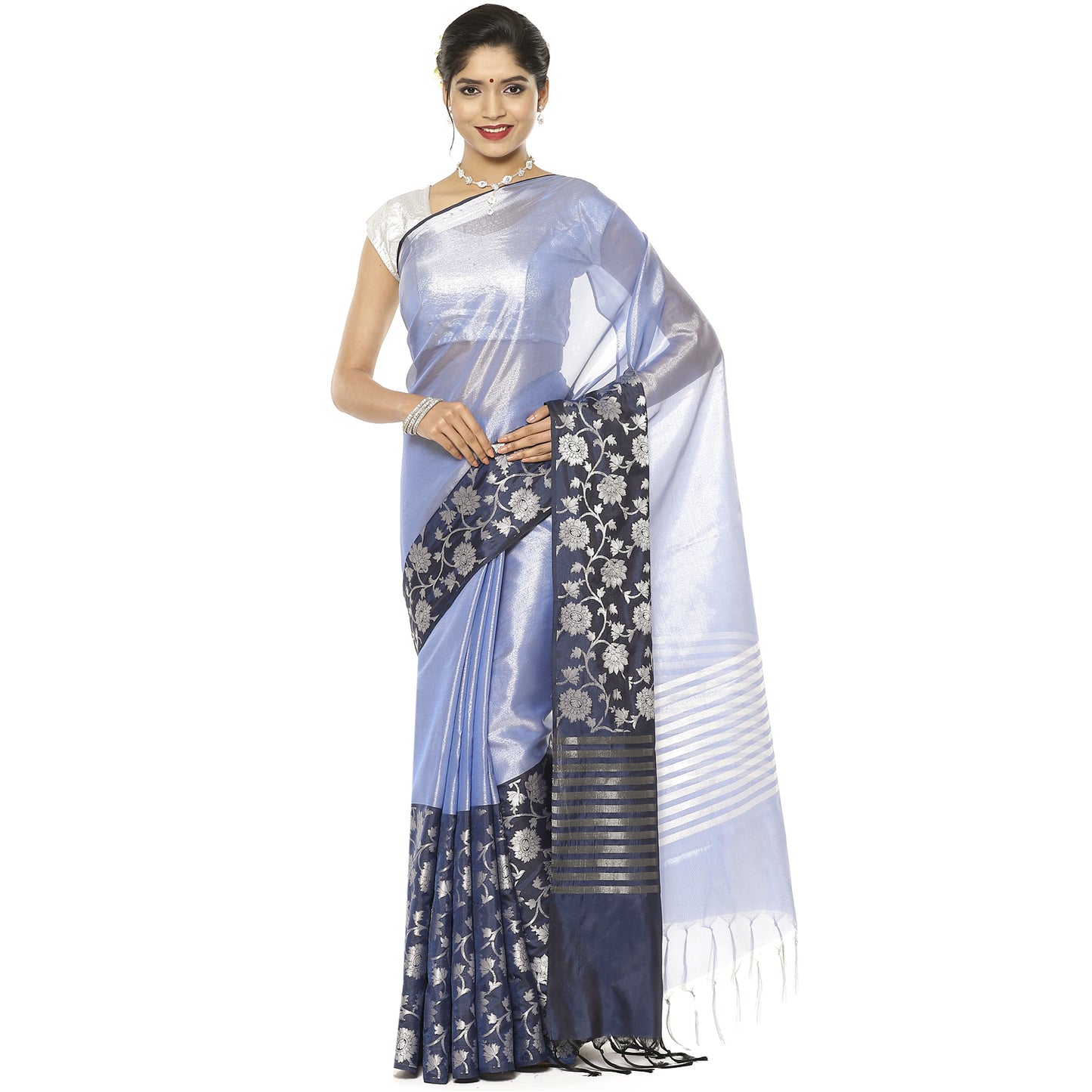 Faishana Presents Lavender Silver Zari Glass Tissue Tanchoi Contrast Large Border Banarasi Saree
