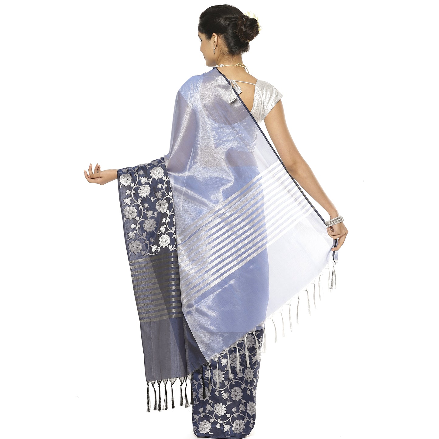 Faishana Presents Lavender Silver Zari Glass Tissue Tanchoi Contrast Large Border Banarasi Saree