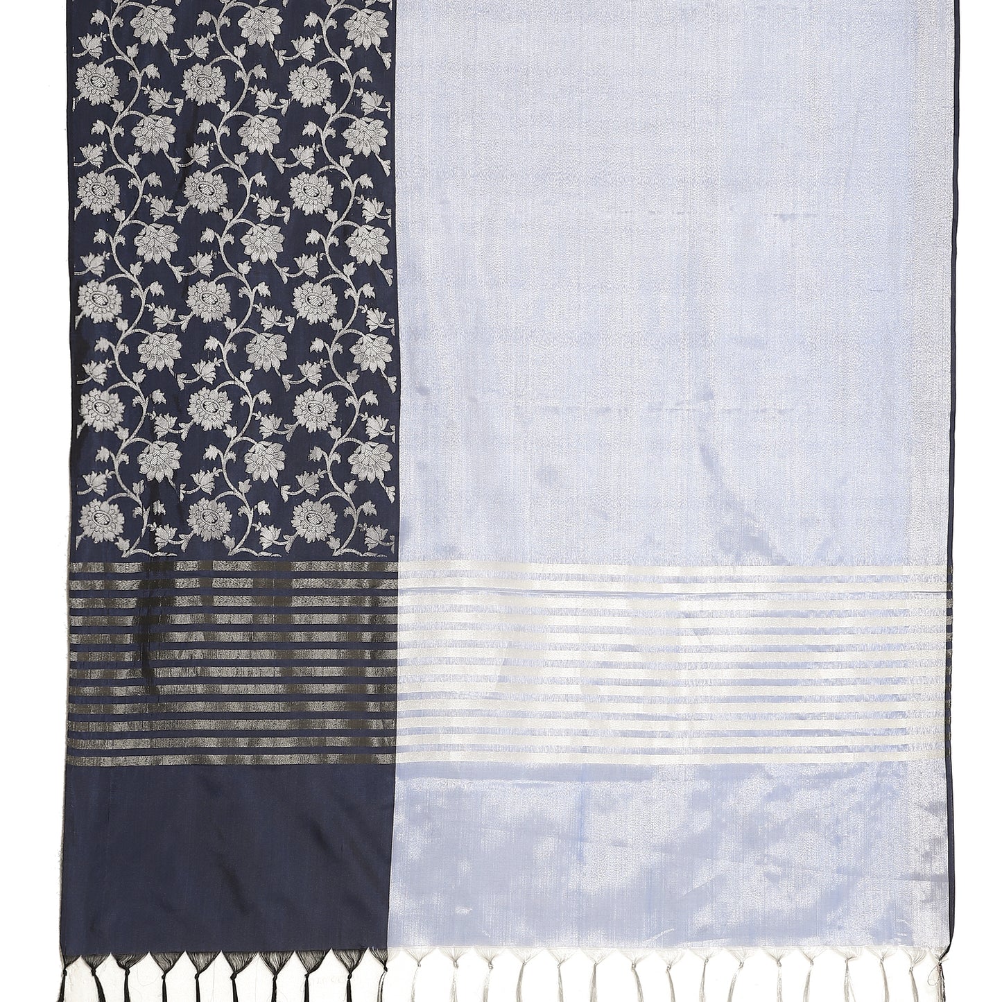 Faishana Presents Lavender Silver Zari Glass Tissue Tanchoi Contrast Large Border Banarasi Saree