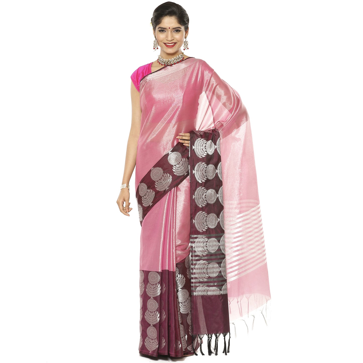 Faishana Presents Brown Silver Zari Glass Tissue Tanchoi Contrast Large Border Banarasi Saree