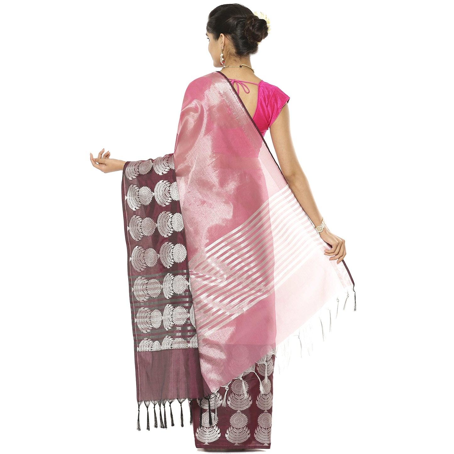 Faishana Presents Brown Silver Zari Glass Tissue Tanchoi Contrast Large Border Banarasi Saree