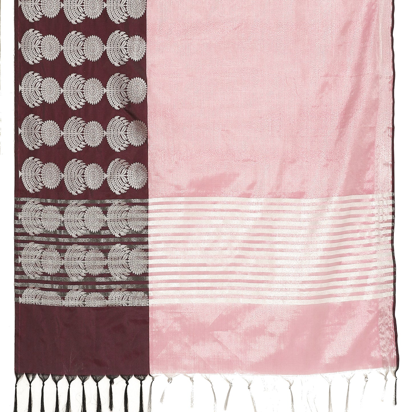 Faishana Presents Brown Silver Zari Glass Tissue Tanchoi Contrast Large Border Banarasi Saree