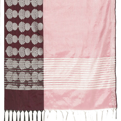 Faishana Presents Brown Silver Zari Glass Tissue Tanchoi Contrast Large Border Banarasi Saree