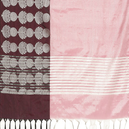 Faishana Presents Brown Silver Zari Glass Tissue Tanchoi Contrast Large Border Banarasi Saree