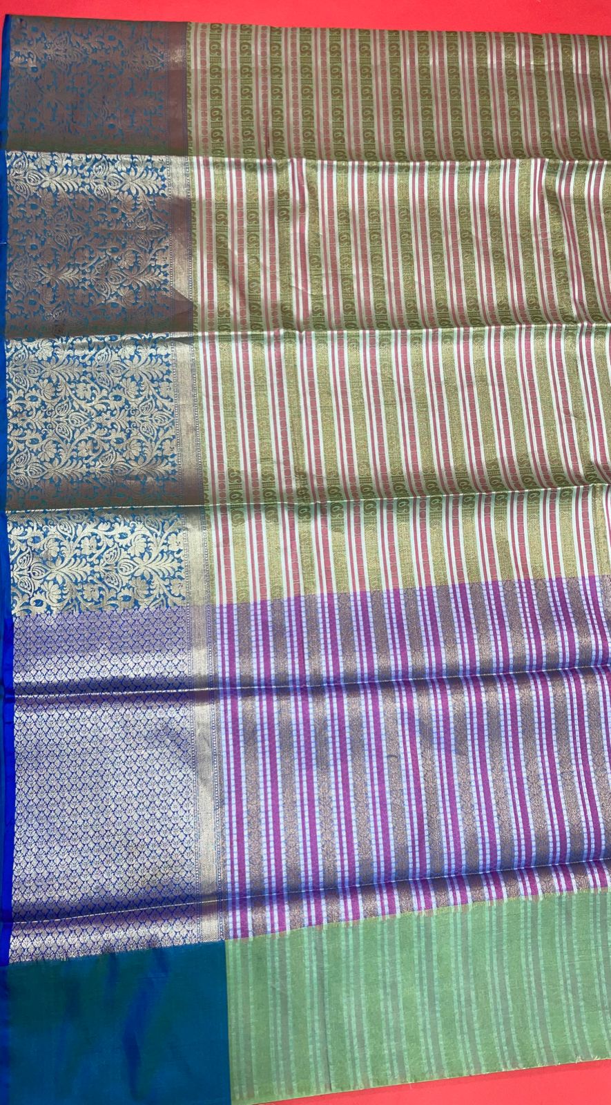 Faishana Presents Red Zari Strip Kanchi Silk Tanchoi Brocade Contrast Purple Skirt Border Banarasi Saree