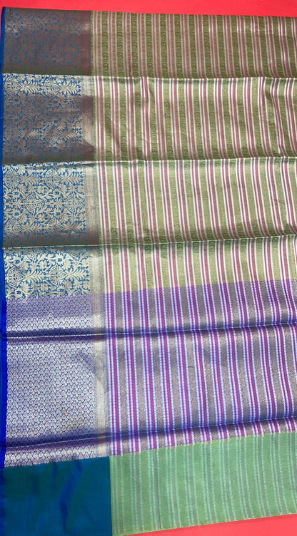Faishana Presents Red Zari Strip Kanchi Silk Tanchoi Brocade Contrast Purple Skirt Border Banarasi Saree