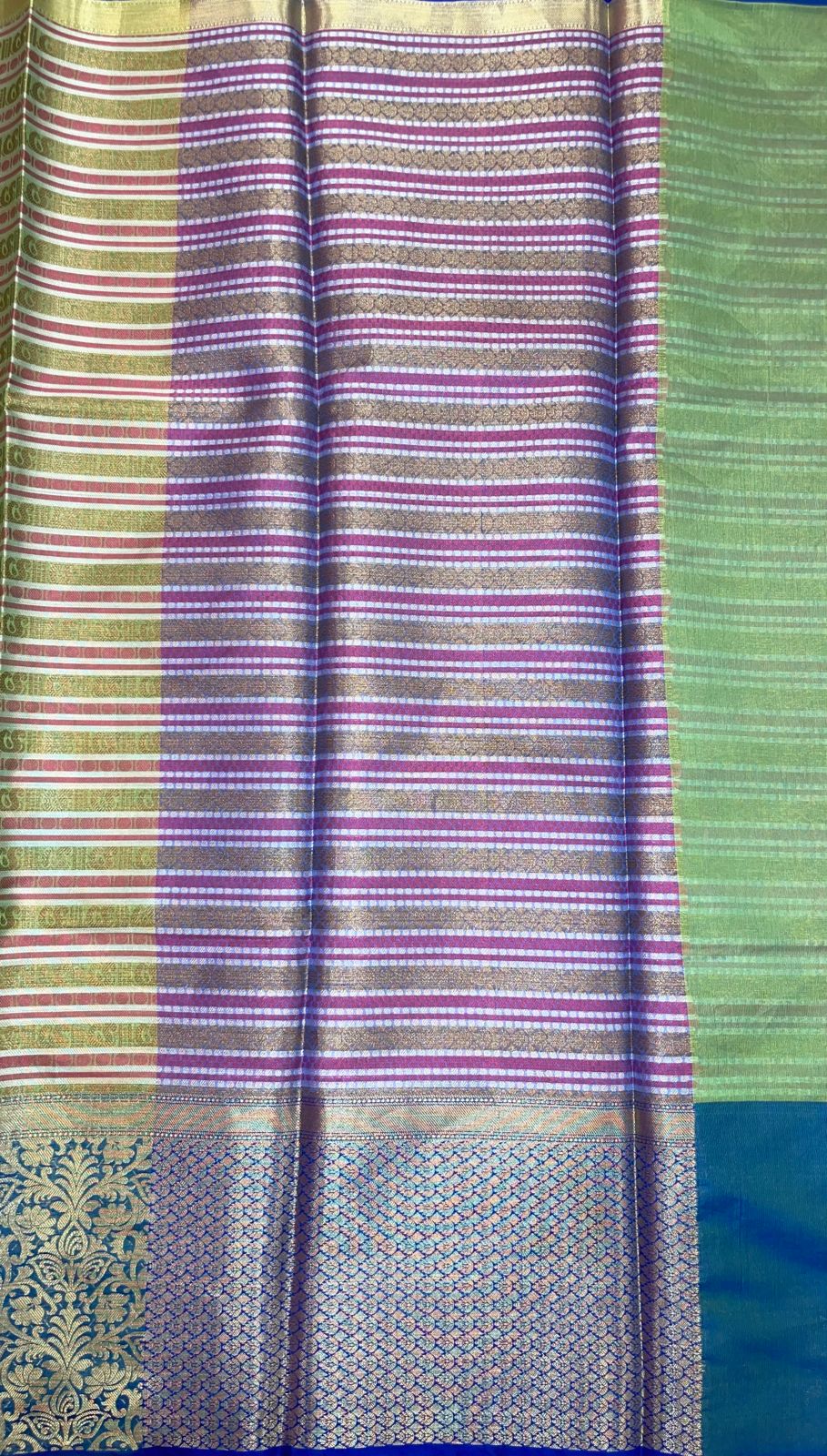 Faishana Presents Red Zari Strip Kanchi Silk Tanchoi Brocade Contrast Purple Skirt Border Banarasi Saree