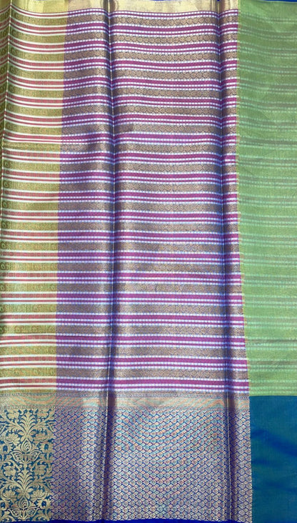 Faishana Presents Red Zari Strip Kanchi Silk Tanchoi Brocade Contrast Purple Skirt Border Banarasi Saree