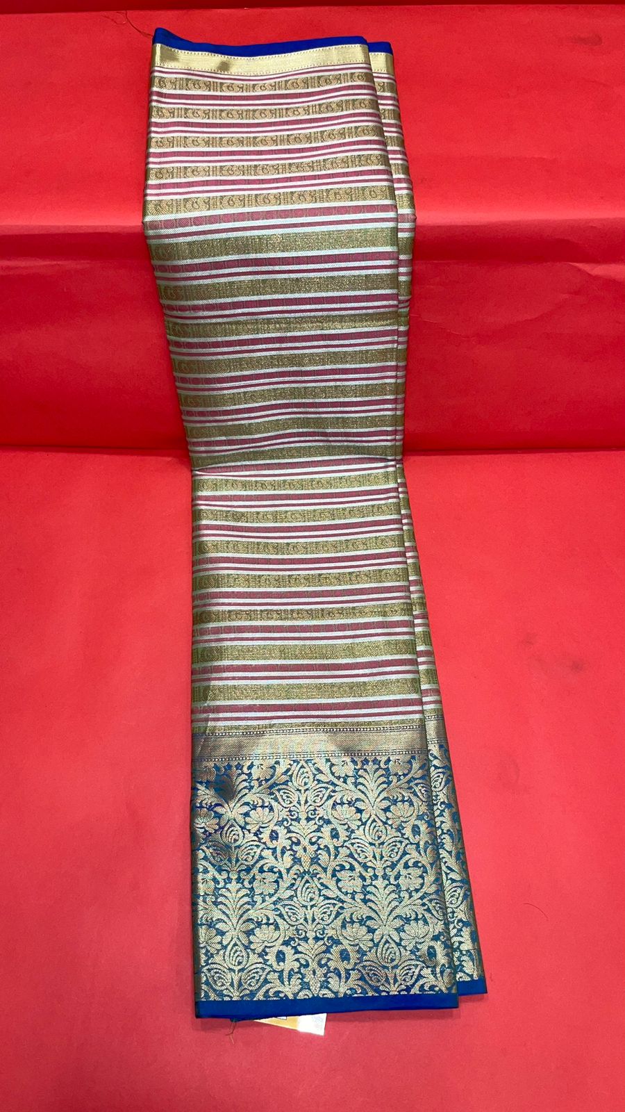 Faishana Presents Red Zari Strip Kanchi Silk Tanchoi Brocade Contrast Purple Skirt Border Banarasi Saree