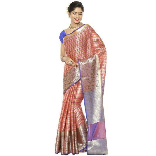 Faishana Presents Red Zari Strip Kanchi Silk Tanchoi Brocade Contrast Purple Skirt Border Banarasi Saree