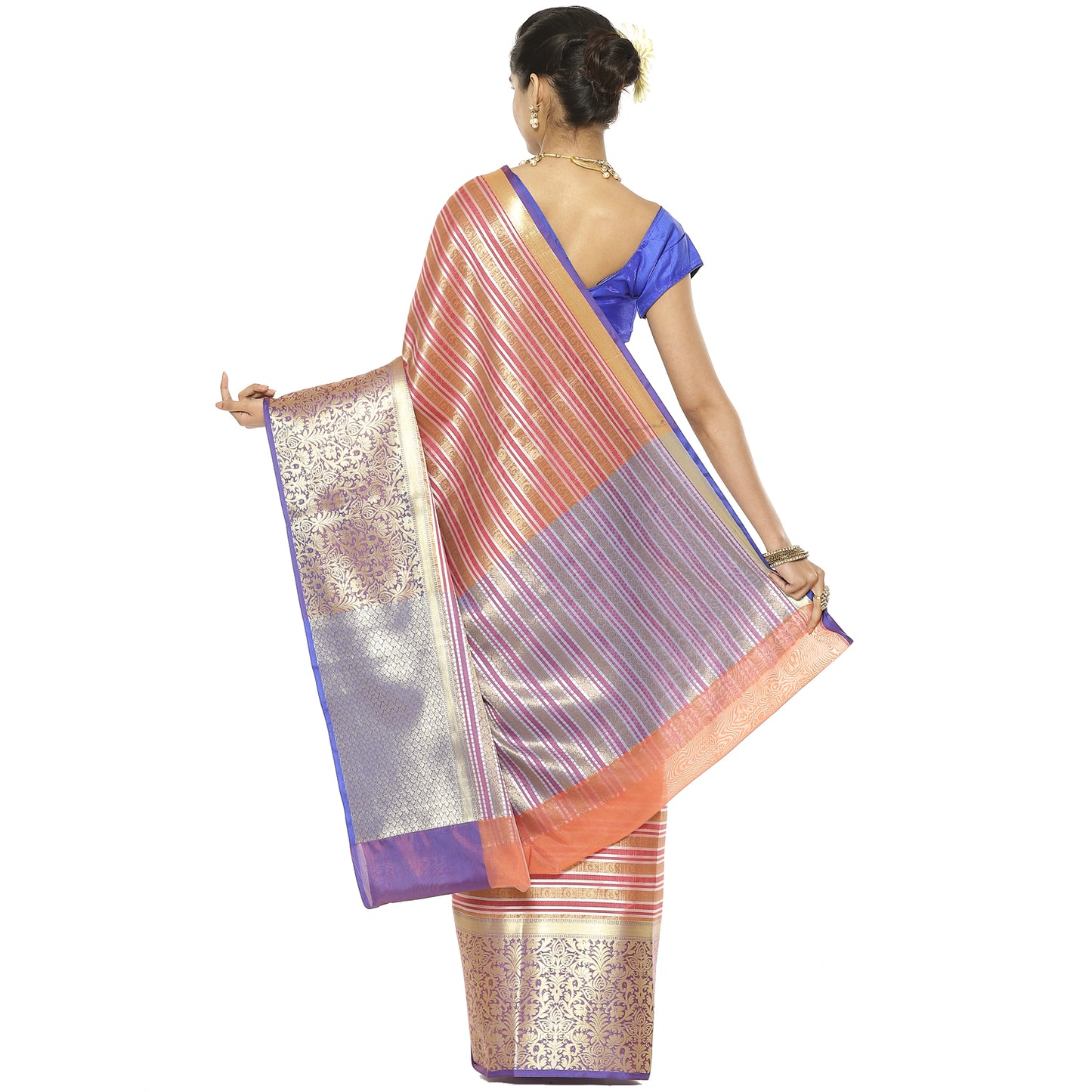 Faishana Presents Red Zari Strip Kanchi Silk Tanchoi Brocade Contrast Purple Skirt Border Banarasi Saree