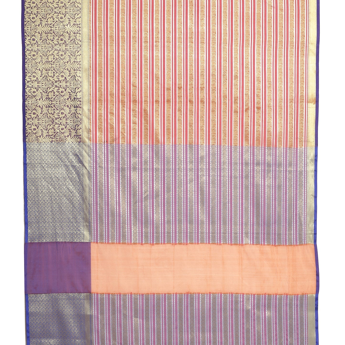 Faishana Presents Red Zari Strip Kanchi Silk Tanchoi Brocade Contrast Purple Skirt Border Banarasi Saree