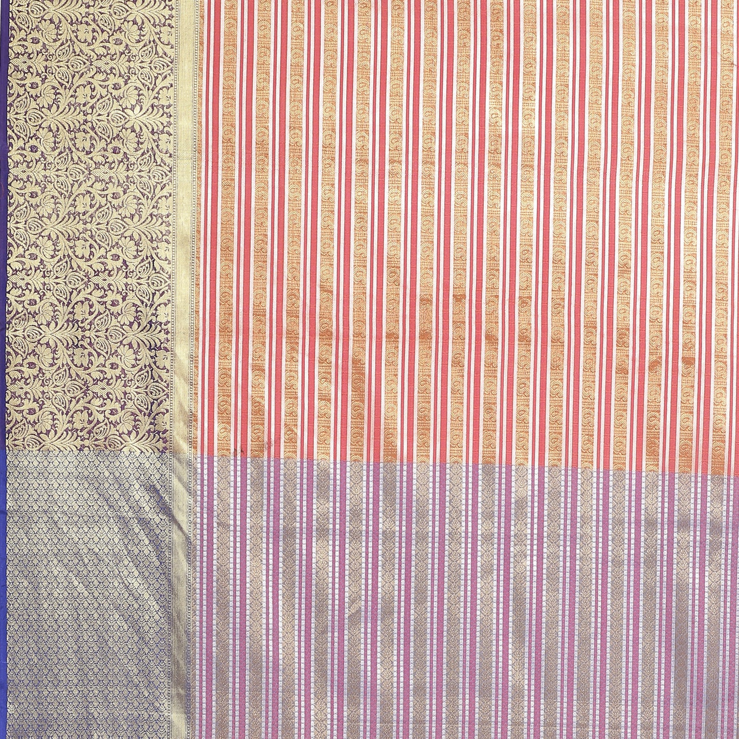 Faishana Presents Red Zari Strip Kanchi Silk Tanchoi Brocade Contrast Purple Skirt Border Banarasi Saree