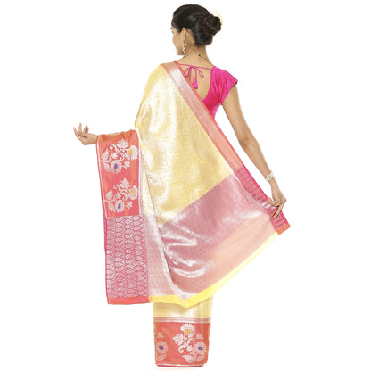 Faishana Presents Yellow Silver Zari Kanchi Silk Tanchoi Brocade Contrast Peach Skirt Meena Border Banarasi Saree