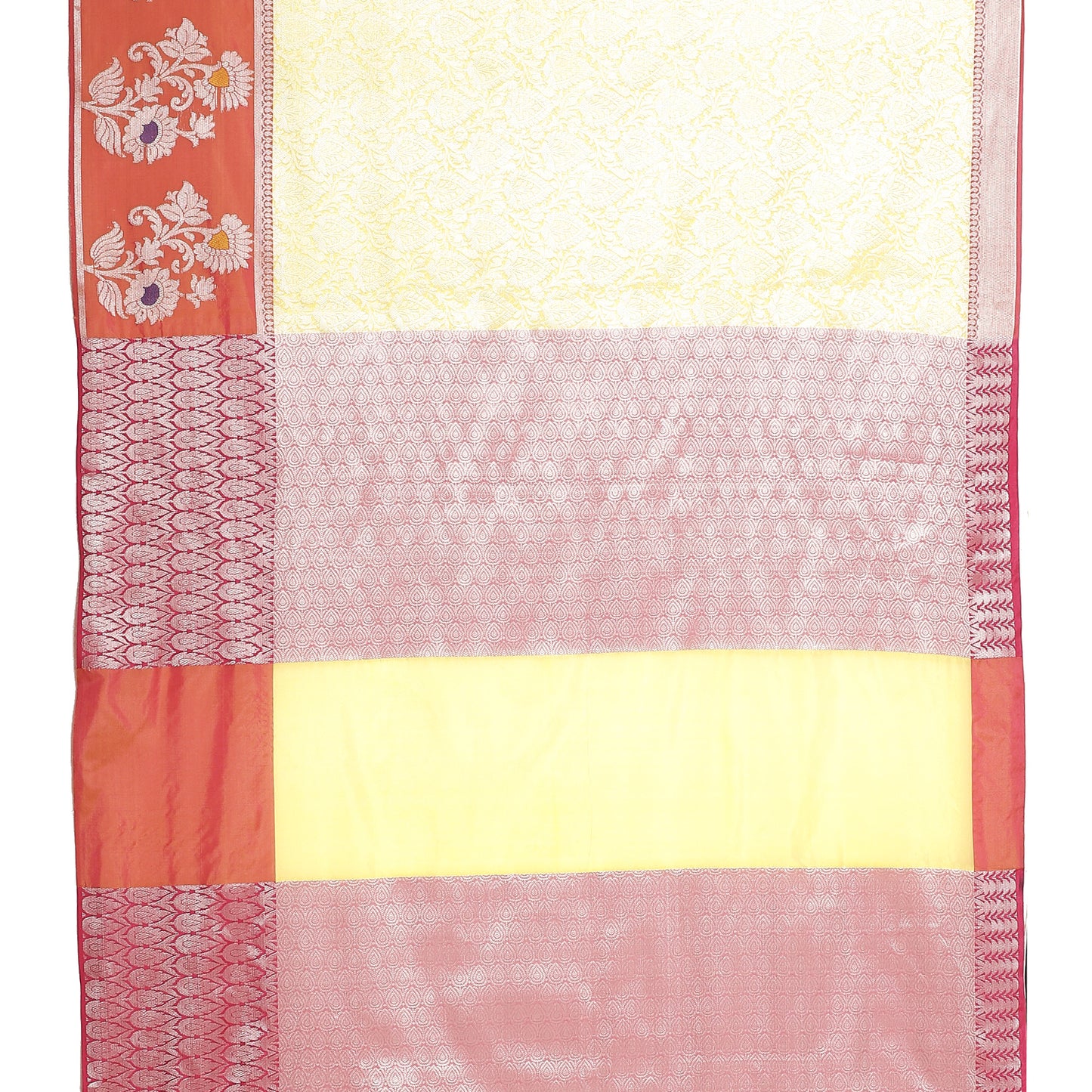 Faishana Presents Yellow Silver Zari Kanchi Silk Tanchoi Brocade Contrast Peach Skirt Meena Border Banarasi Saree