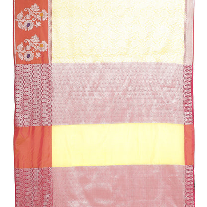 Faishana Presents Yellow Silver Zari Kanchi Silk Tanchoi Brocade Contrast Peach Skirt Meena Border Banarasi Saree