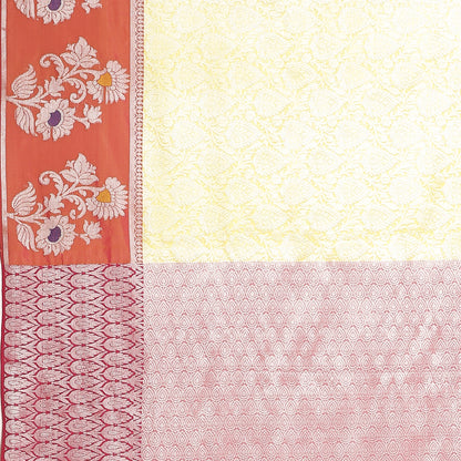 Faishana Presents Yellow Silver Zari Kanchi Silk Tanchoi Brocade Contrast Peach Skirt Meena Border Banarasi Saree