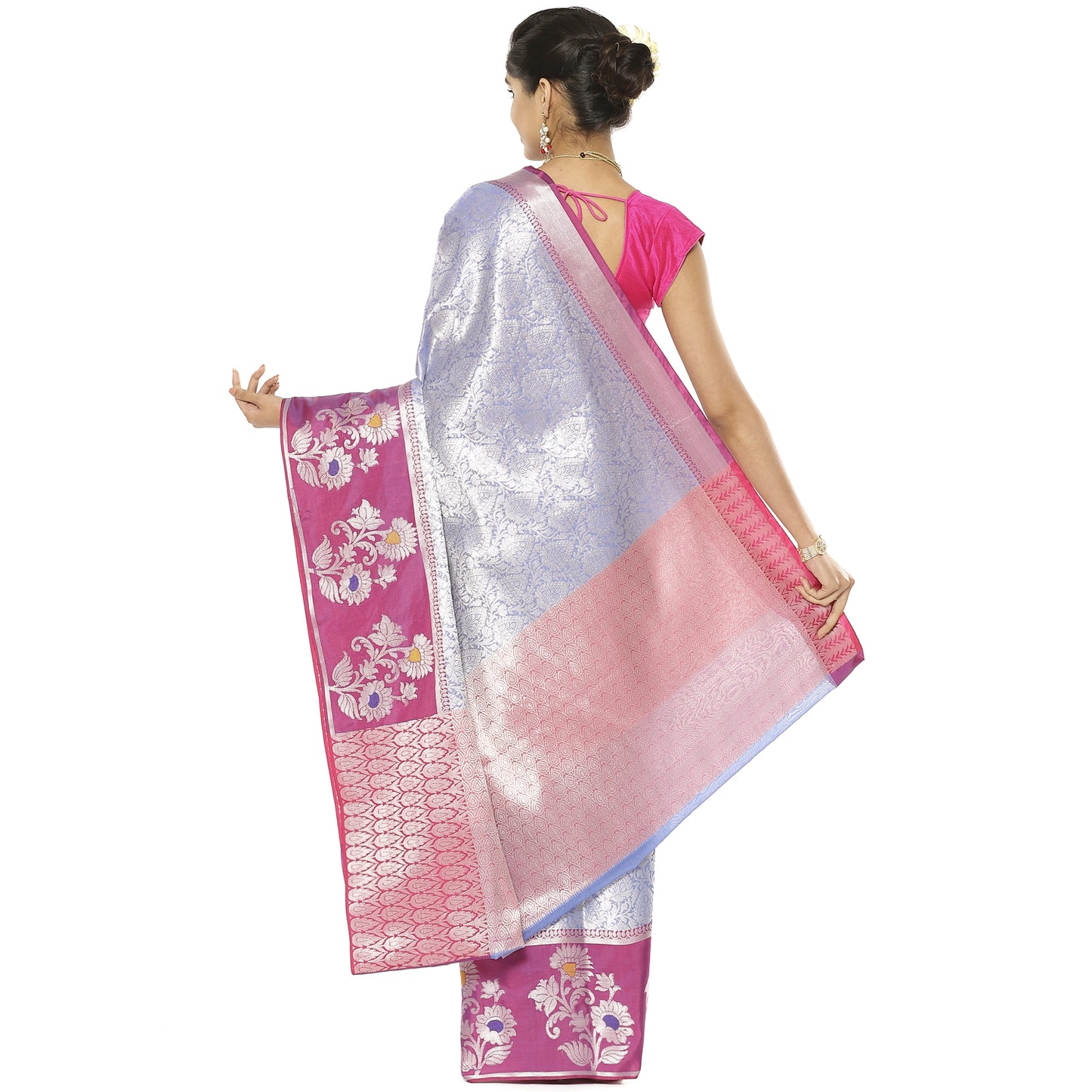 Faishana Presents Blue Silver Zari Kanchi Silk Tanchoi Brocade Contrast Magenta Skirt Meena Border Banarasi Saree