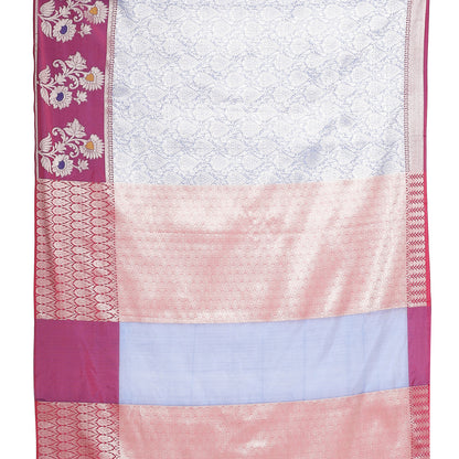 Faishana Presents Blue Silver Zari Kanchi Silk Tanchoi Brocade Contrast Magenta Skirt Meena Border Banarasi Saree