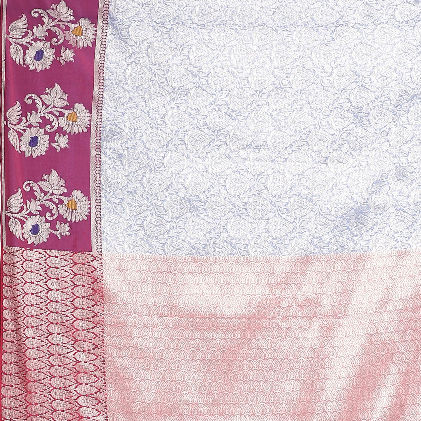 Faishana Presents Blue Silver Zari Kanchi Silk Tanchoi Brocade Contrast Magenta Skirt Meena Border Banarasi Saree