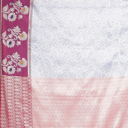 Faishana Presents Blue Silver Zari Kanchi Silk Tanchoi Brocade Contrast Magenta Skirt Meena Border Banarasi Saree