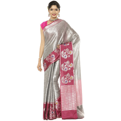 Faishana Presents Grey Silver Zari Kanchi Silk Tanchoi Brocade Contrast Pink Skirt Meena Border Banarasi Saree