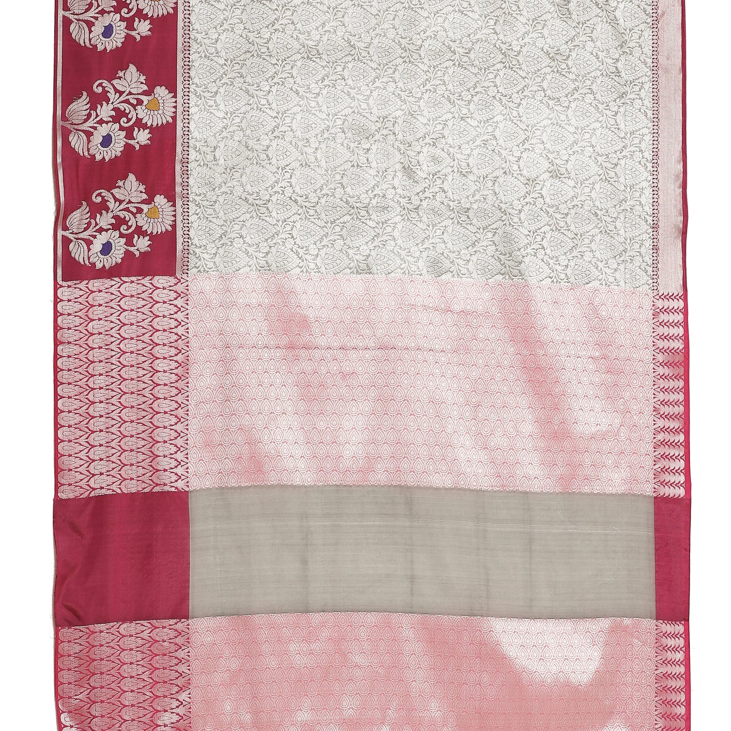 Faishana Presents Grey Silver Zari Kanchi Silk Tanchoi Brocade Contrast Pink Skirt Meena Border Banarasi Saree