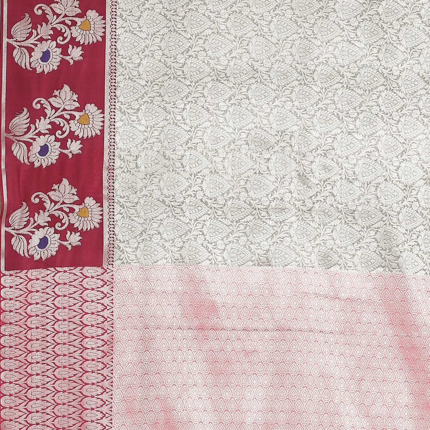 Faishana Presents Grey Silver Zari Kanchi Silk Tanchoi Brocade Contrast Pink Skirt Meena Border Banarasi Saree