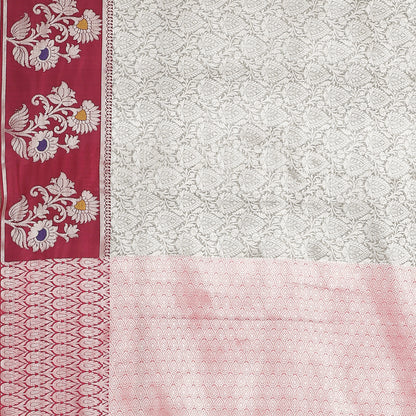 Faishana Presents Grey Silver Zari Kanchi Silk Tanchoi Brocade Contrast Pink Skirt Meena Border Banarasi Saree