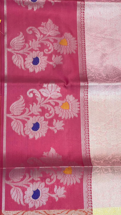 Faishana Presents Pink Silver Zari Kanchi Silk Tanchoi Brocade Contrast Pink Skirt Meena Border Banarasi Saree