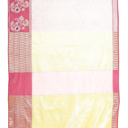 Faishana Presents Pink Silver Zari Kanchi Silk Tanchoi Brocade Contrast Pink Skirt Meena Border Banarasi Saree