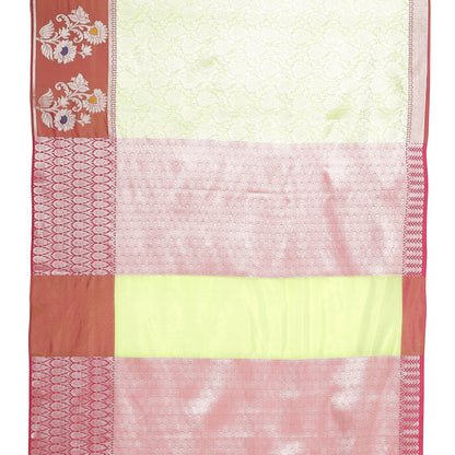 Faishana Presents Green Silver Zari Kanchi Silk Tanchoi Brocade Contrast Maroon Skirt Meena Border Banarasi Saree