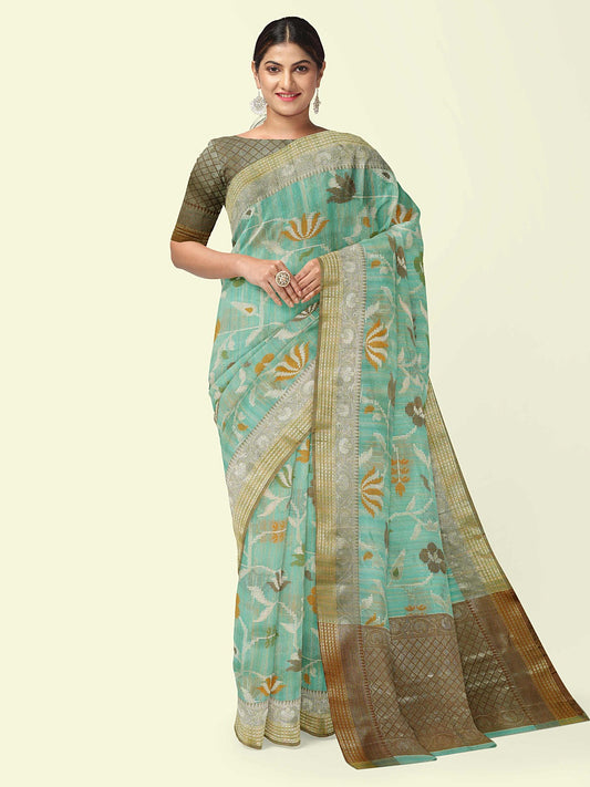 Faishana Presents Woven Sea Green Mulberry Silk Alfi Jaal With Brown Blouse Banarasi Saree