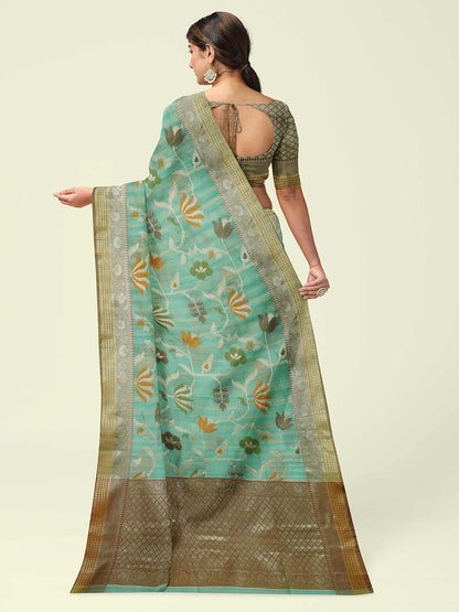 Faishana Presents Woven Sea Green Mulberry Silk Alfi Jaal With Brown Blouse Banarasi Saree