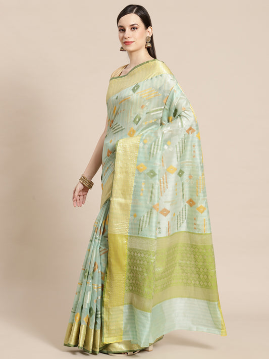 Faishana Presents Handwoven Seagreen Mulberry Silk Geometrical Motif Tilfi Zari Border With Parrot Green Blouse Banarasi Saree