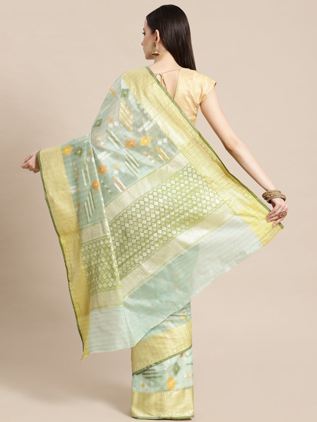 Faishana Presents Handwoven Seagreen Mulberry Silk Geometrical Motif Tilfi Zari Border With Parrot Green Blouse Banarasi Saree