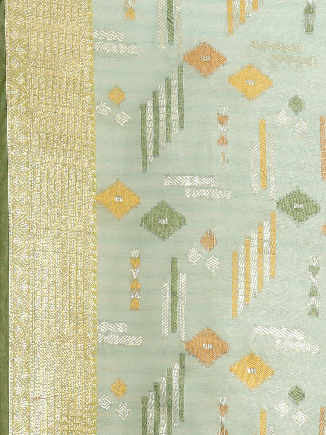 Faishana Presents Handwoven Seagreen Mulberry Silk Geometrical Motif Tilfi Zari Border With Parrot Green Blouse Banarasi Saree
