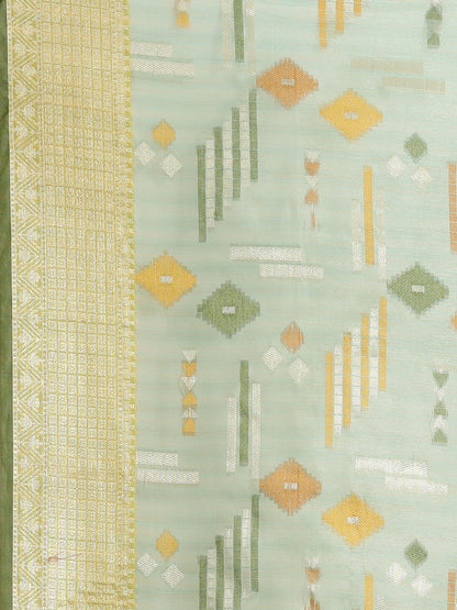 Faishana Presents Handwoven Seagreen Mulberry Silk Geometrical Motif Tilfi Zari Border With Parrot Green Blouse Banarasi Saree